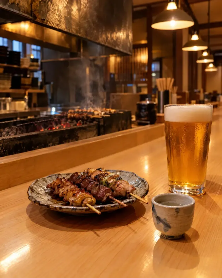カウンターに置かれた焼き鳥とビール、おちょこ