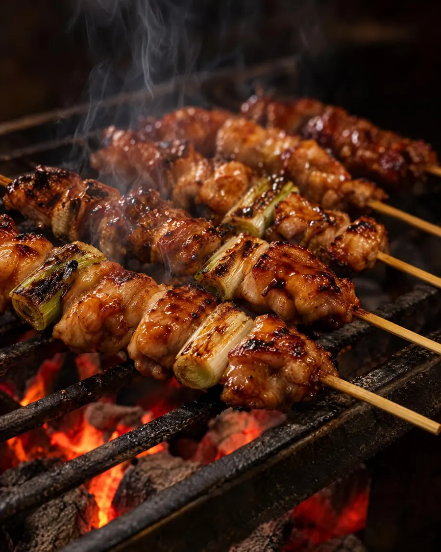 炭火で焼かれる焼き鳥